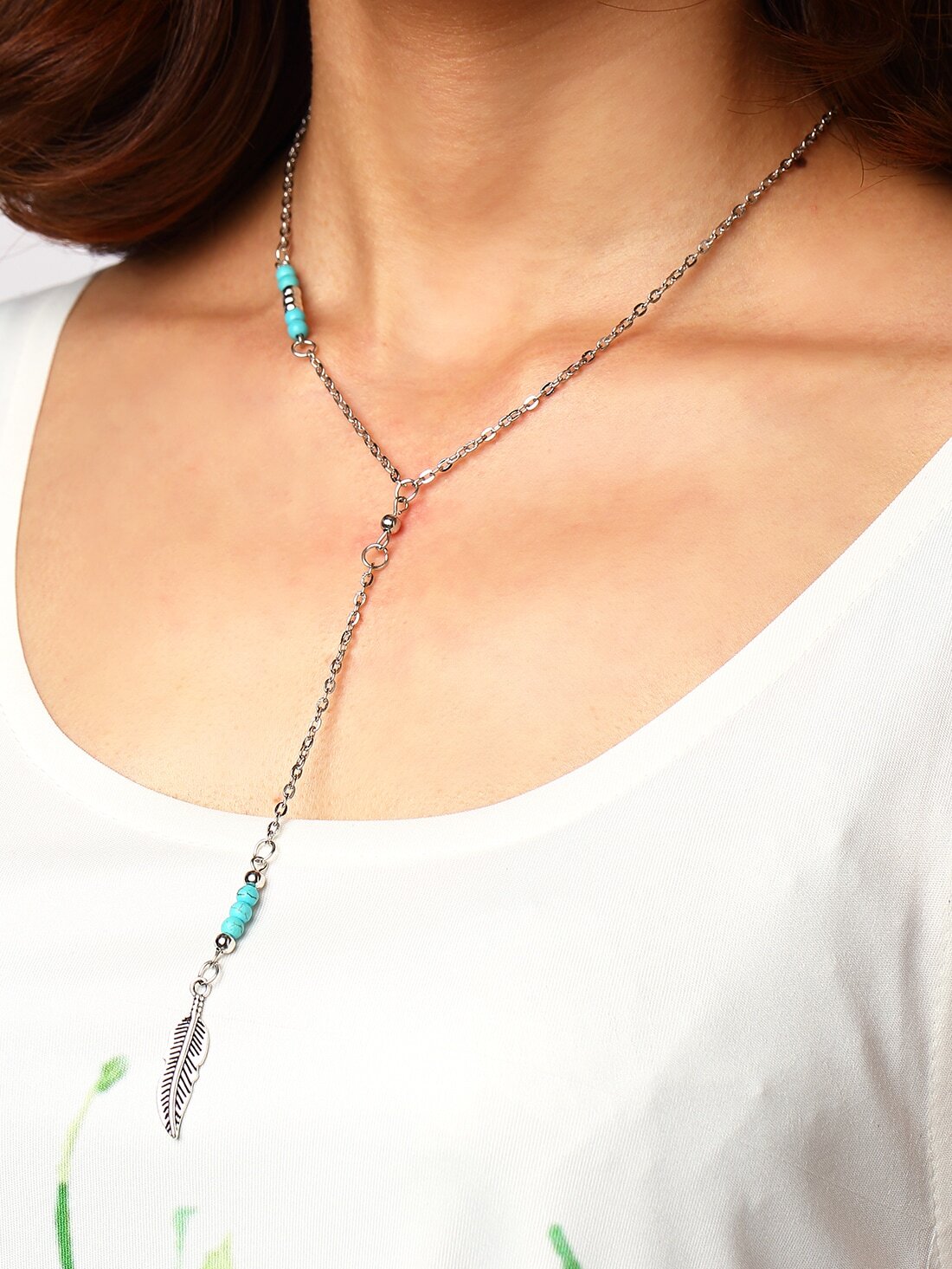 Silver-tone Turquoise Carved Feather Pendant Link Necklace