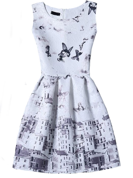 Butterfly And Architecture Print Sleeveless A-line Jacquard Dress