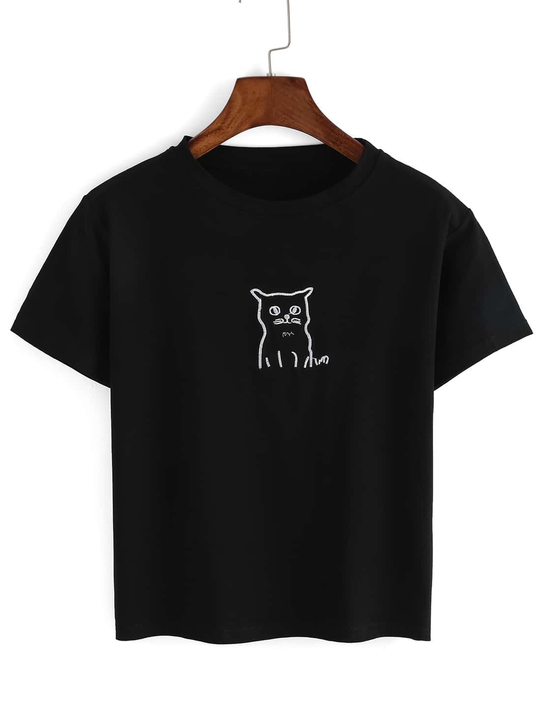 Black Crew Neck Cat Print T-Shirt