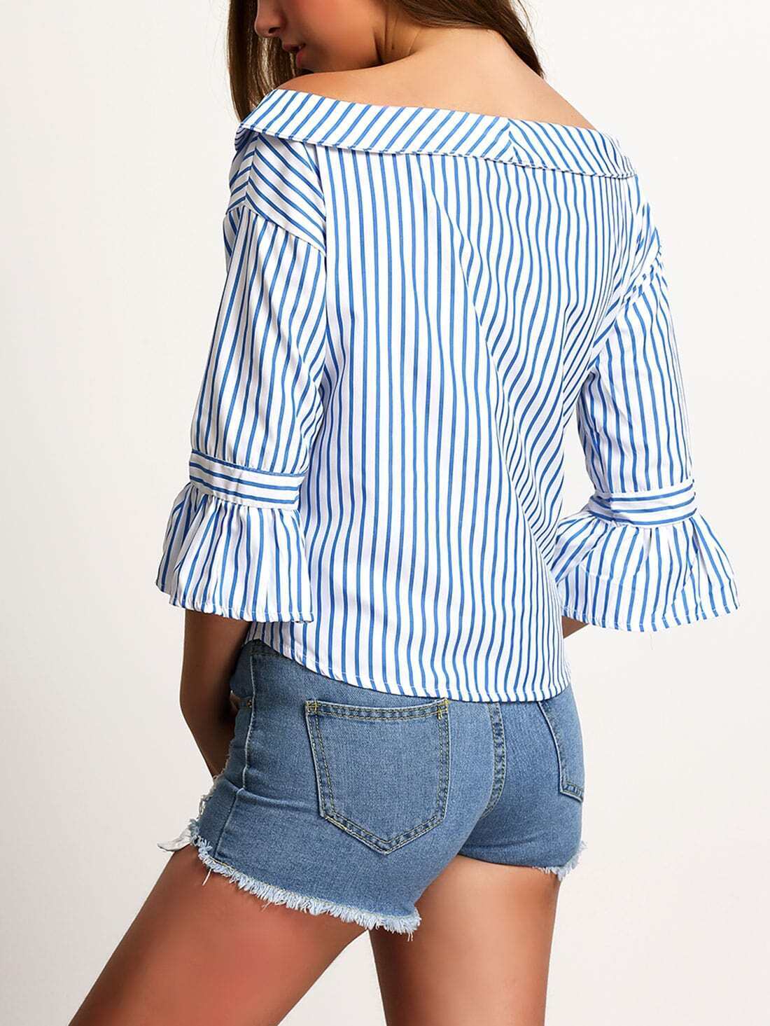 Blue Boat Neck Bell Sleeve Vertical Stripe Blouse SheIn(Sheinside)