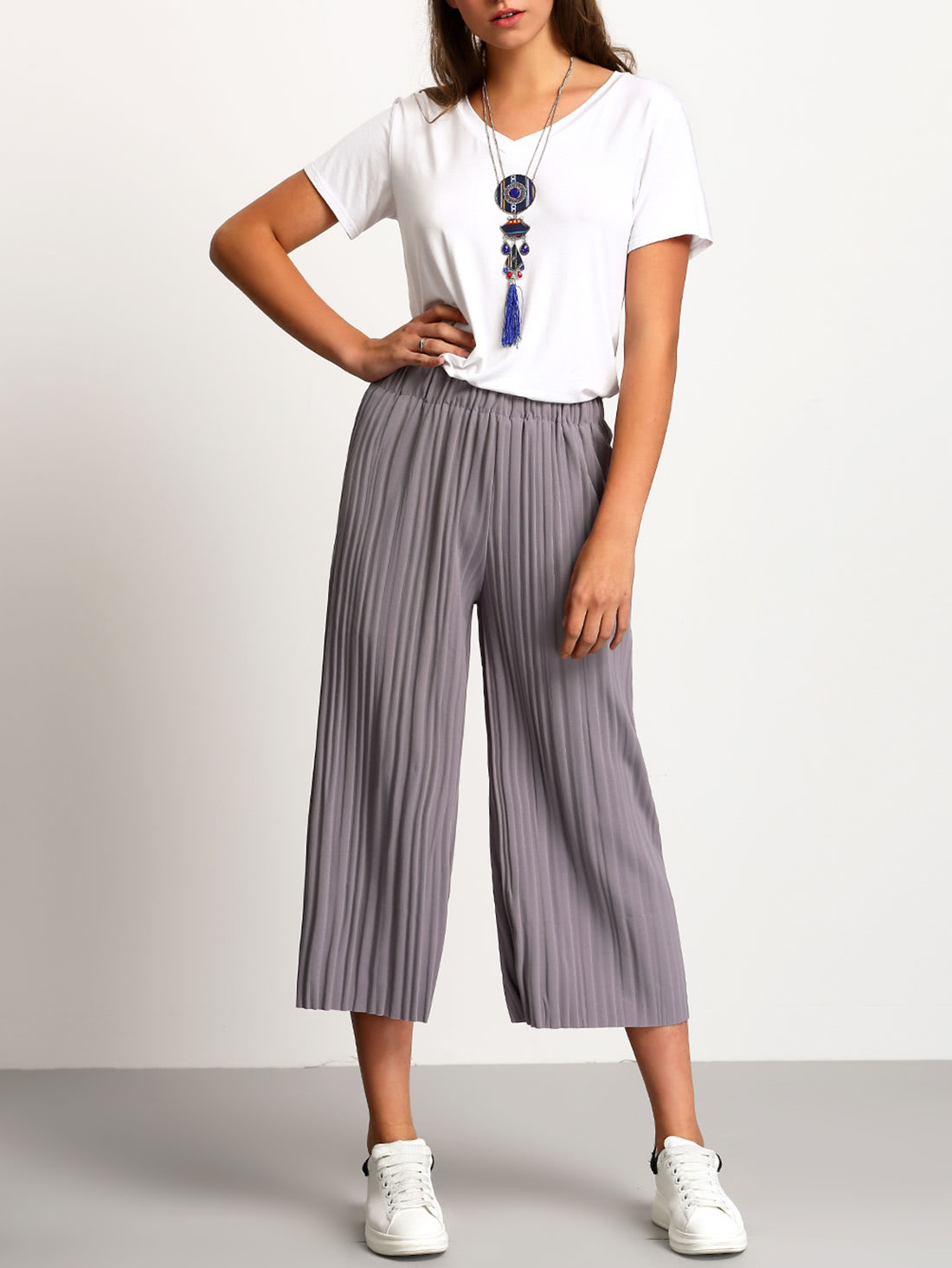 Elastic Waist Pleated Wide Leg Pant SheIn(Sheinside)
