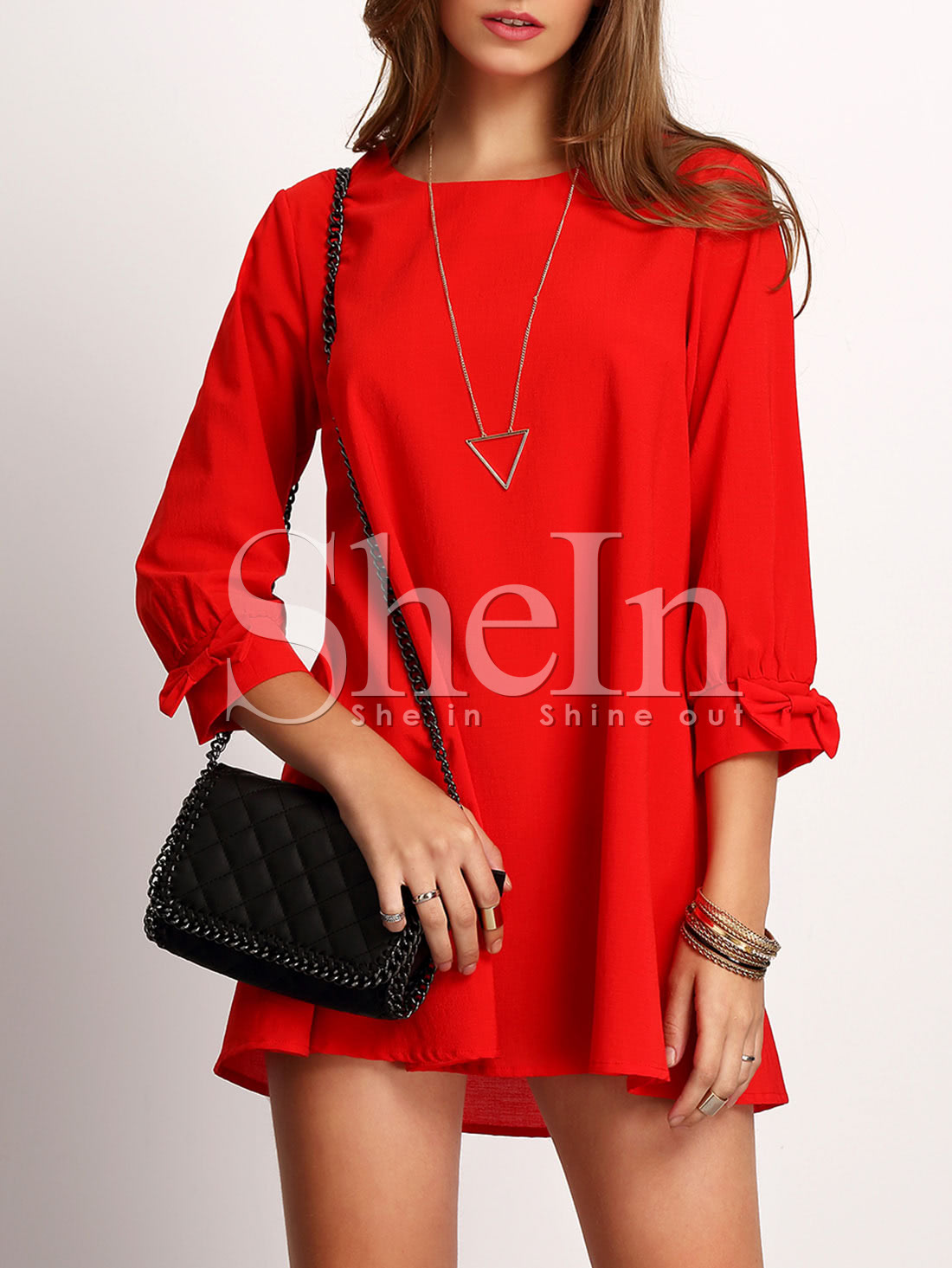 Red Crew Neck Bow cuff Casual Dress