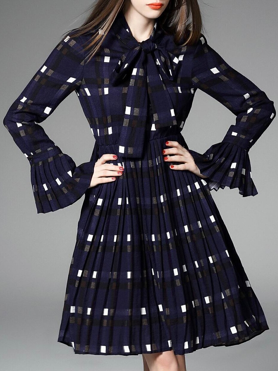 Navy Tie Neck Bell Sleeve Plaid Pleated Dress