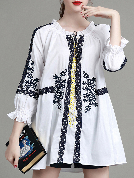 White Tie Neck Ruffle Embroidered Dress