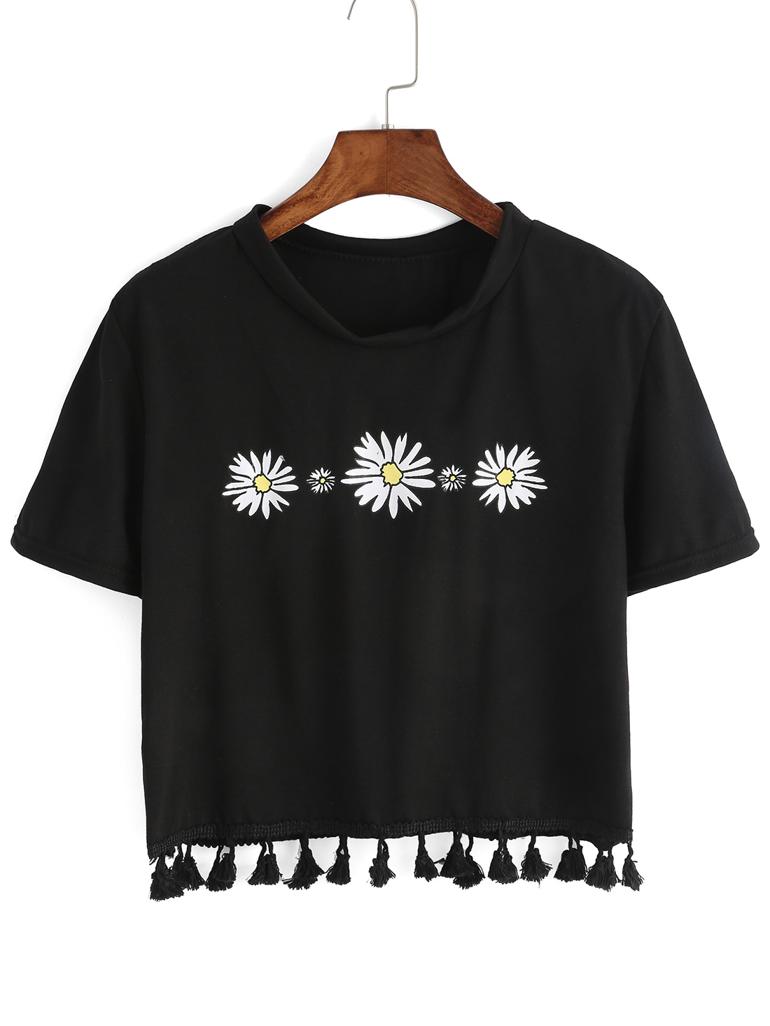 Flower Print Fringe Black T-shirt