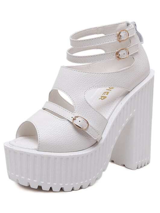 Caged Platform Chunky Heel Buckle Ankle White Sandals