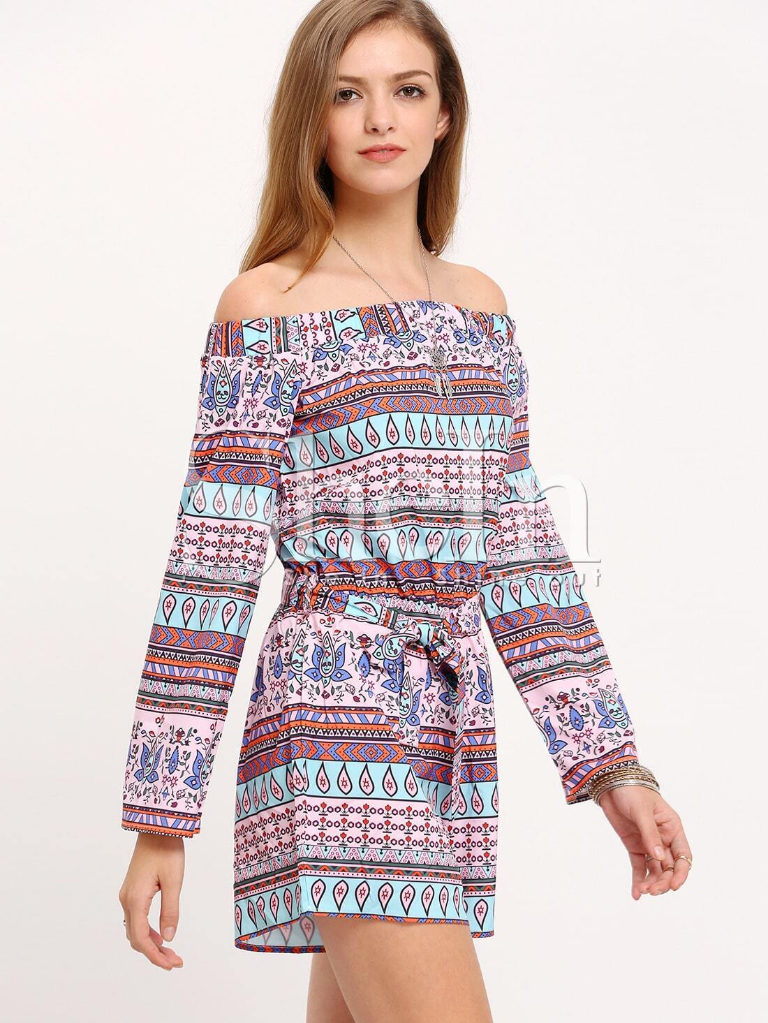 Multicolor Off The Shoulder Print Tie Waist Jumpsuit