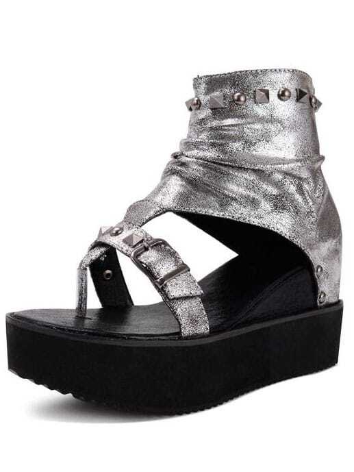 Studded Silver Platform Ankle Cuff Thong Sandals