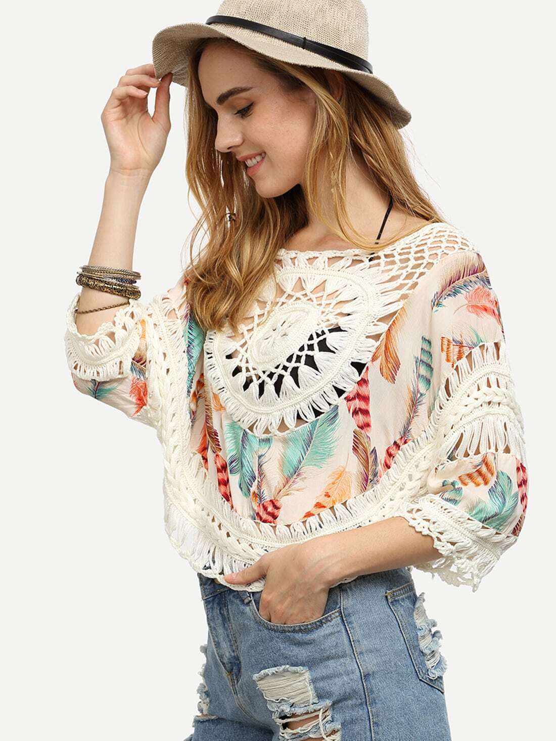 Crochet Insert Hollow Out Print Blouse