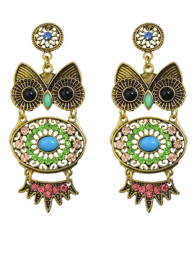 Green Rhinestone Owl Shaped Earrings