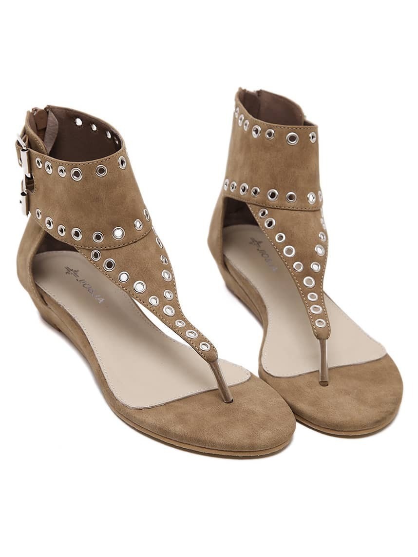 Brown Faux Suede Studded Thong Sandals