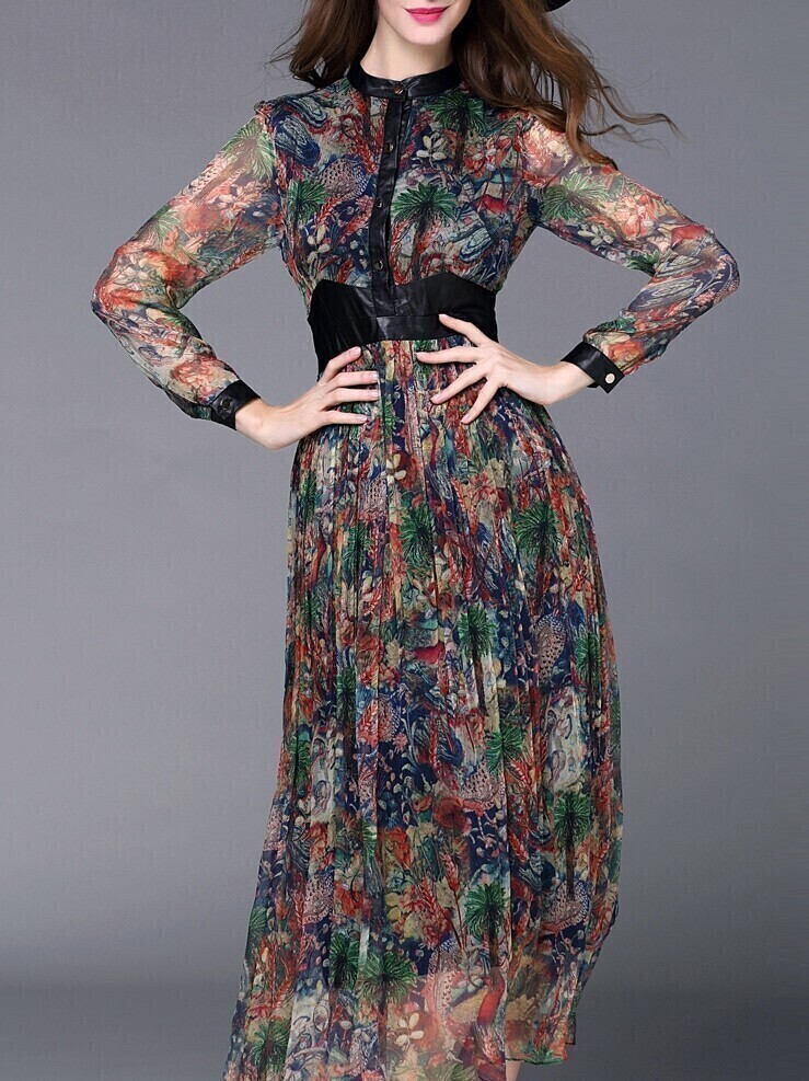 Multicolor Contrast PU Print A-Line Dress