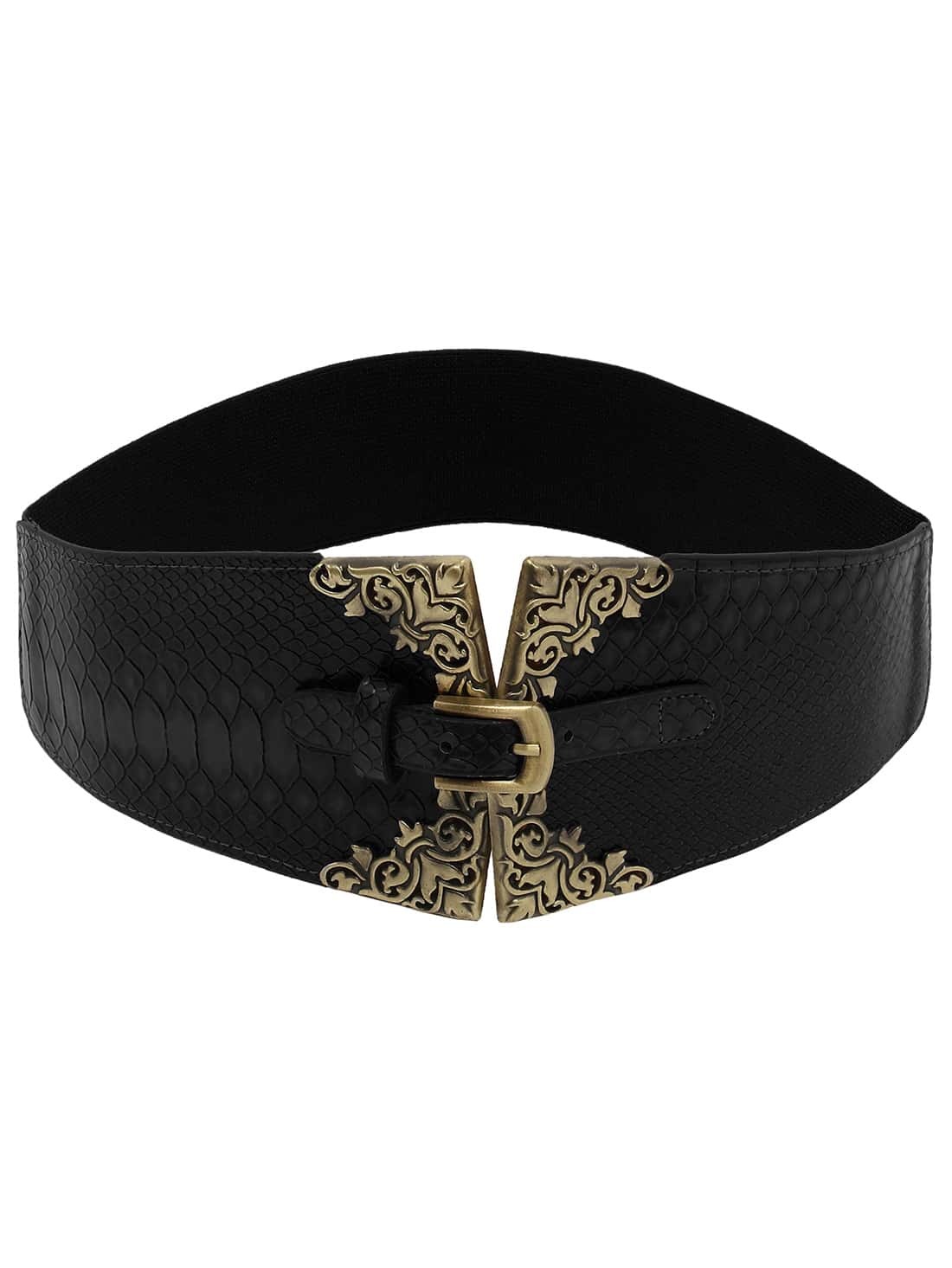 Metallic Featured Black Crocodile Embossed Elastic Belt