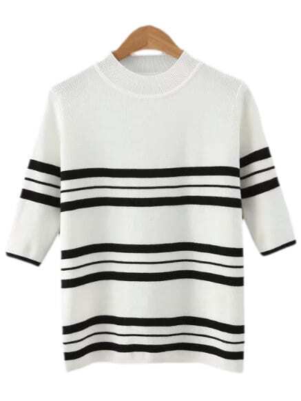 White Crew Neck Stripe Knit T-shirt