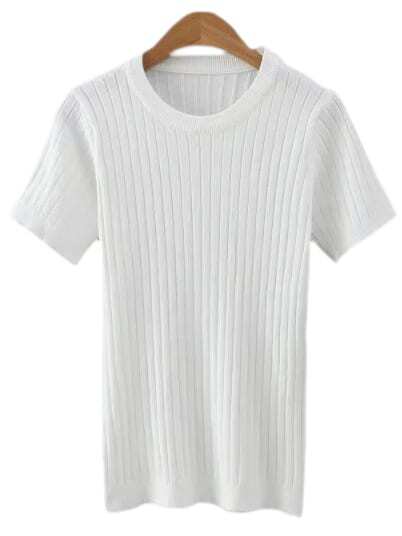 White Round Neck Vertical Stripe Knitted T-shirt