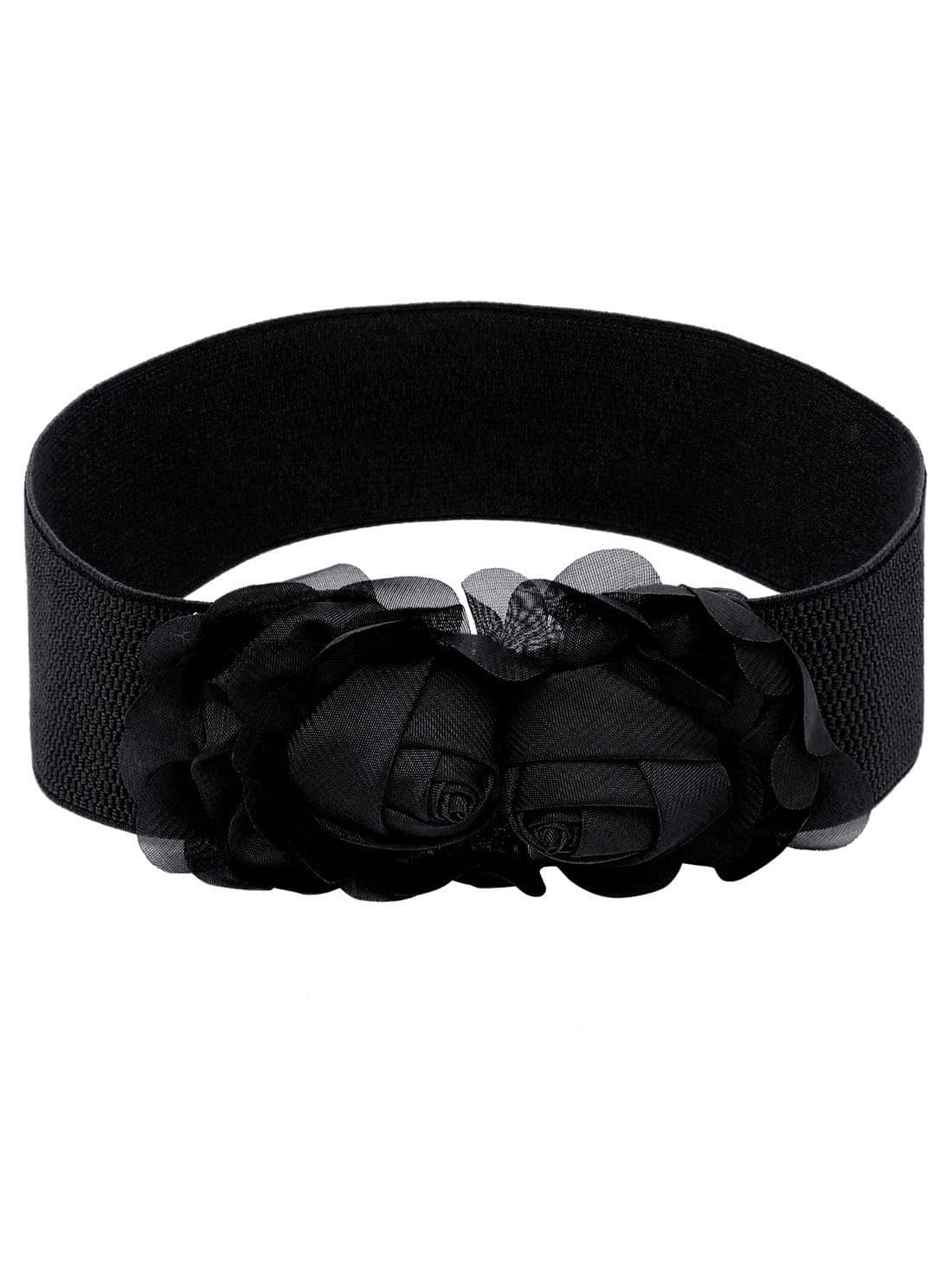 Mesh Flower Front Black Wide Elastic Belt