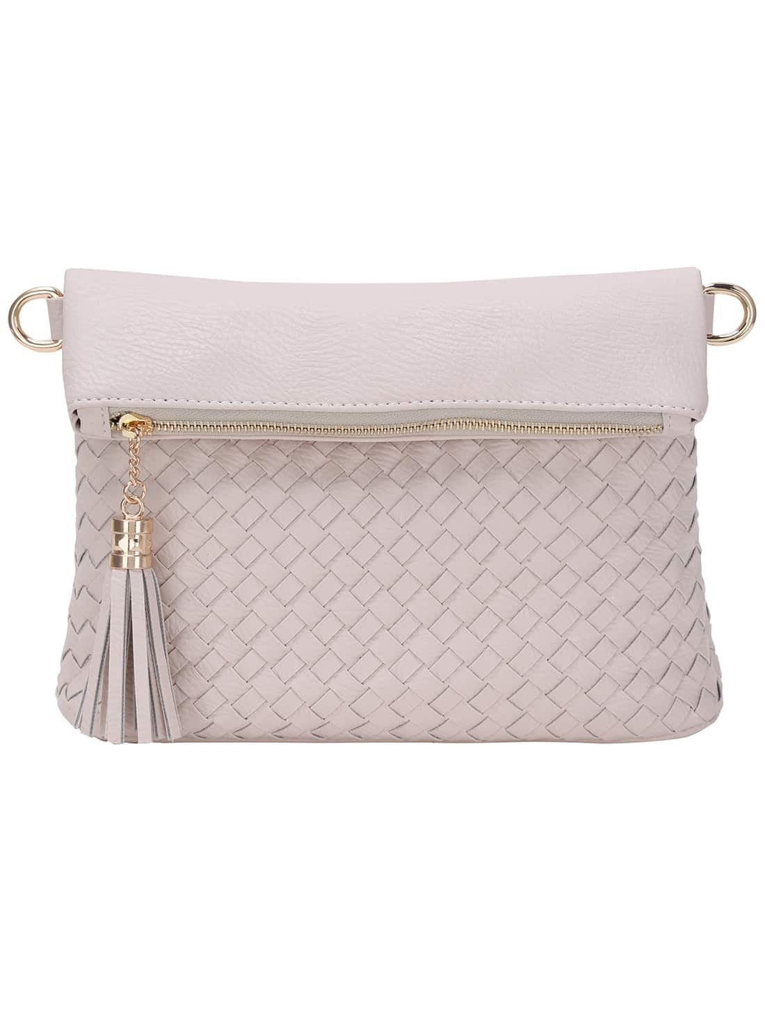 Braided Tasselled Top Zip Off-white Envelope Clutch