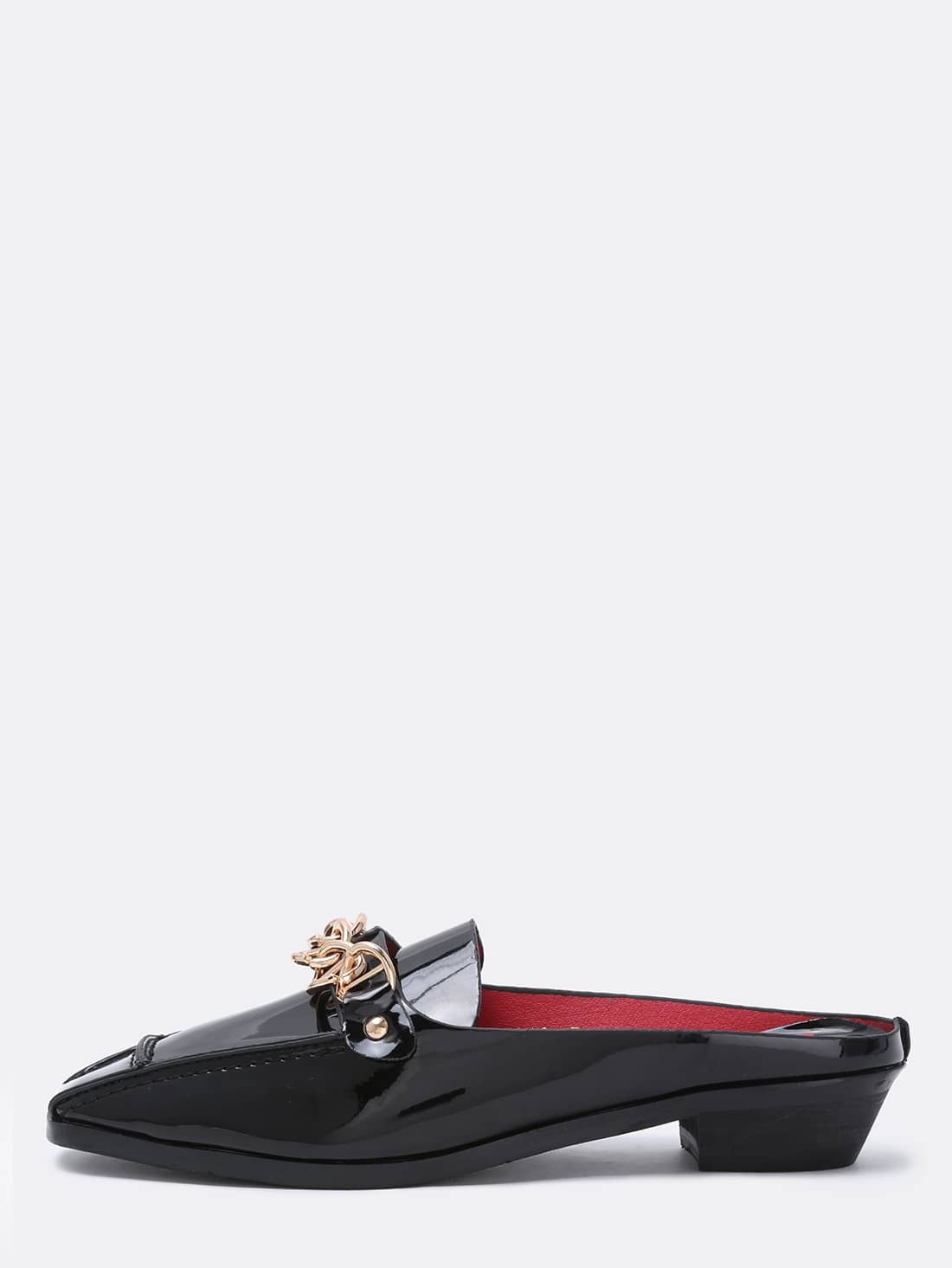 Black Petent Gold Chain Backless Loafers