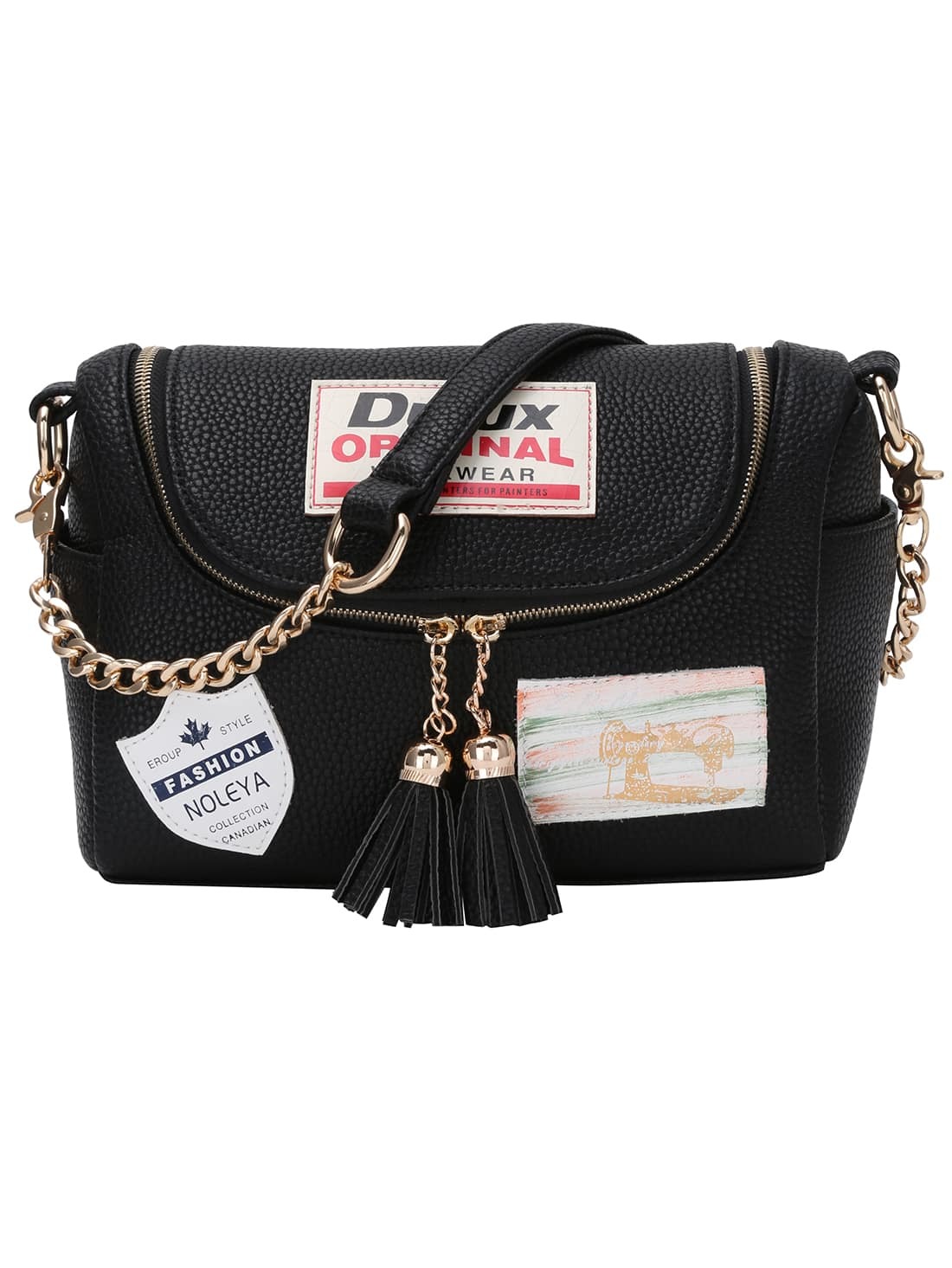 Label Patched Tasselled Zip Black Corssbody Bag