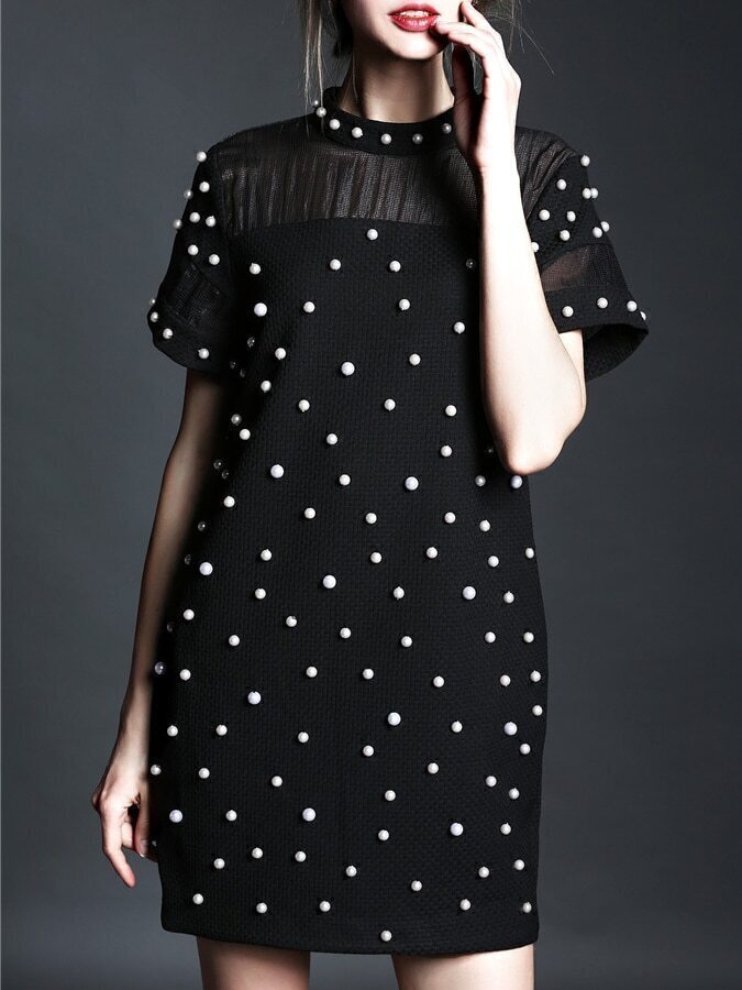 Black Beading Pockets Shift Dress