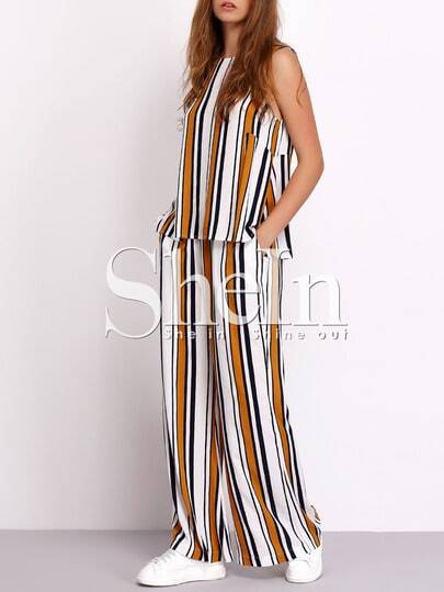 Dos piezas rayas verticales sin manga con pantalones largo Dos piezas rayas verticales sin manga con pantalones largo fotos