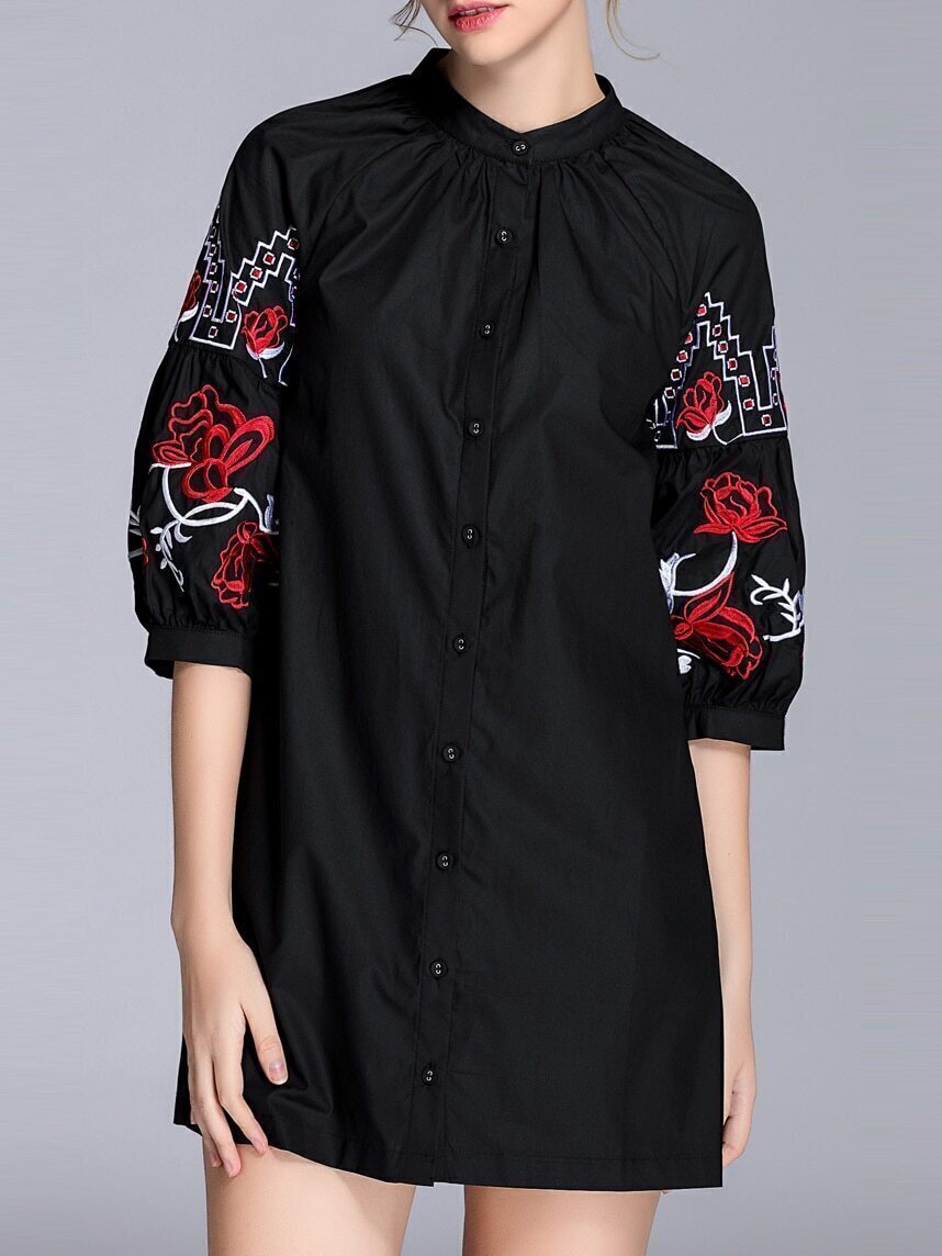 Black Embroidered Pockets Shift Dress