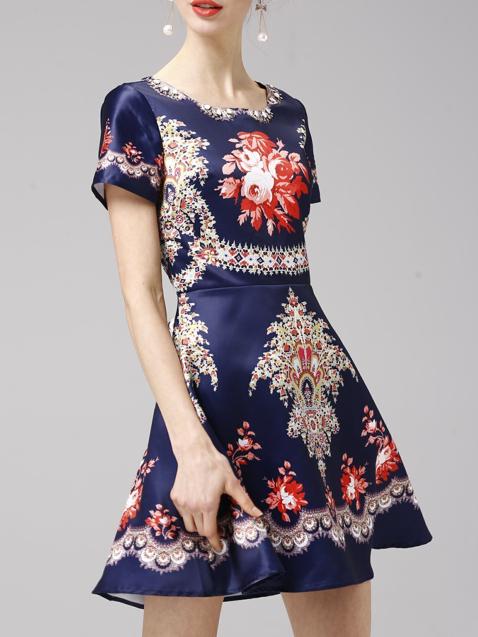 Navy Crew Neck Floral A-Line Dress