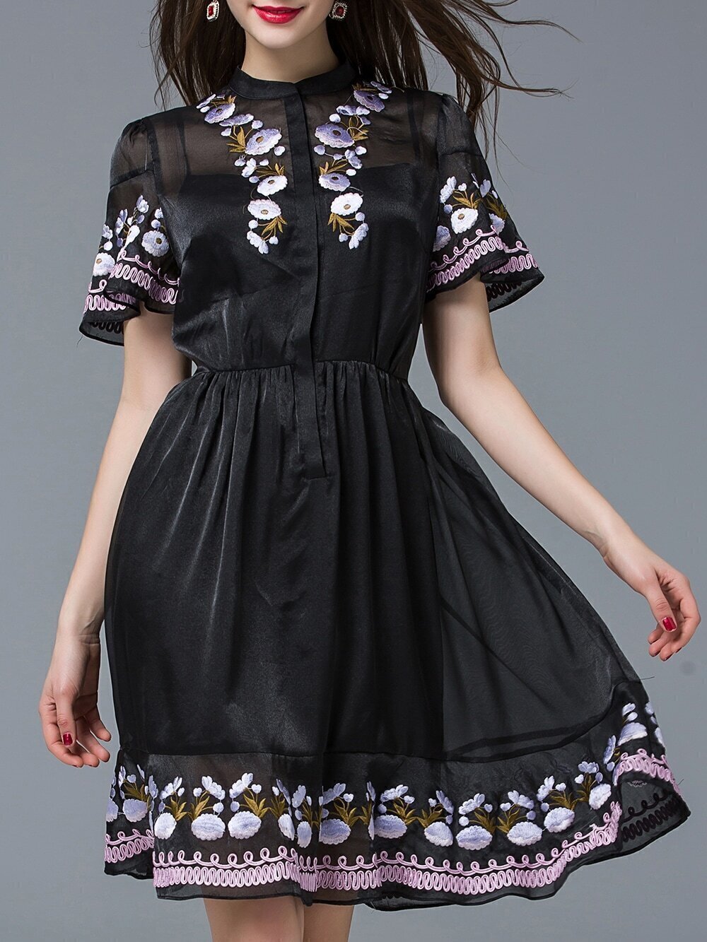 Black Bell Sleeve Embroidered A-Line Dress