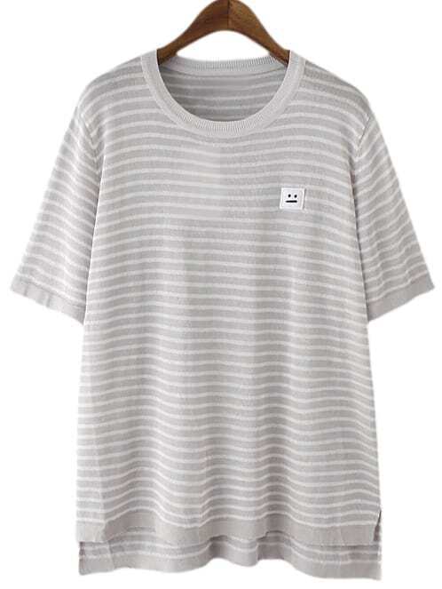 Grey Short Sleeve Dip Hem Linen Stripe T-shirt