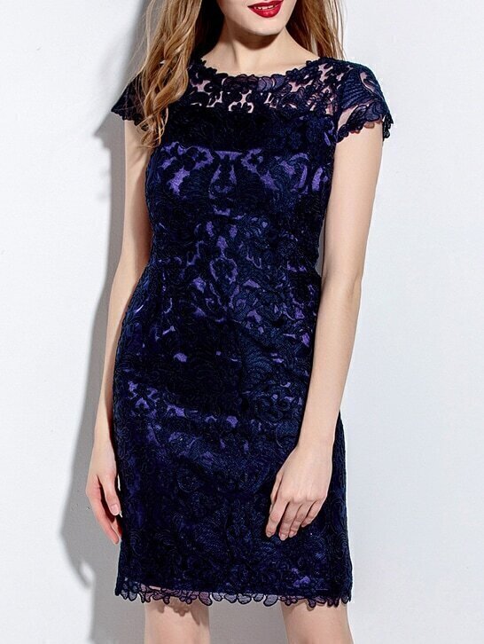 Navy Disc Flowers Sheath Dress