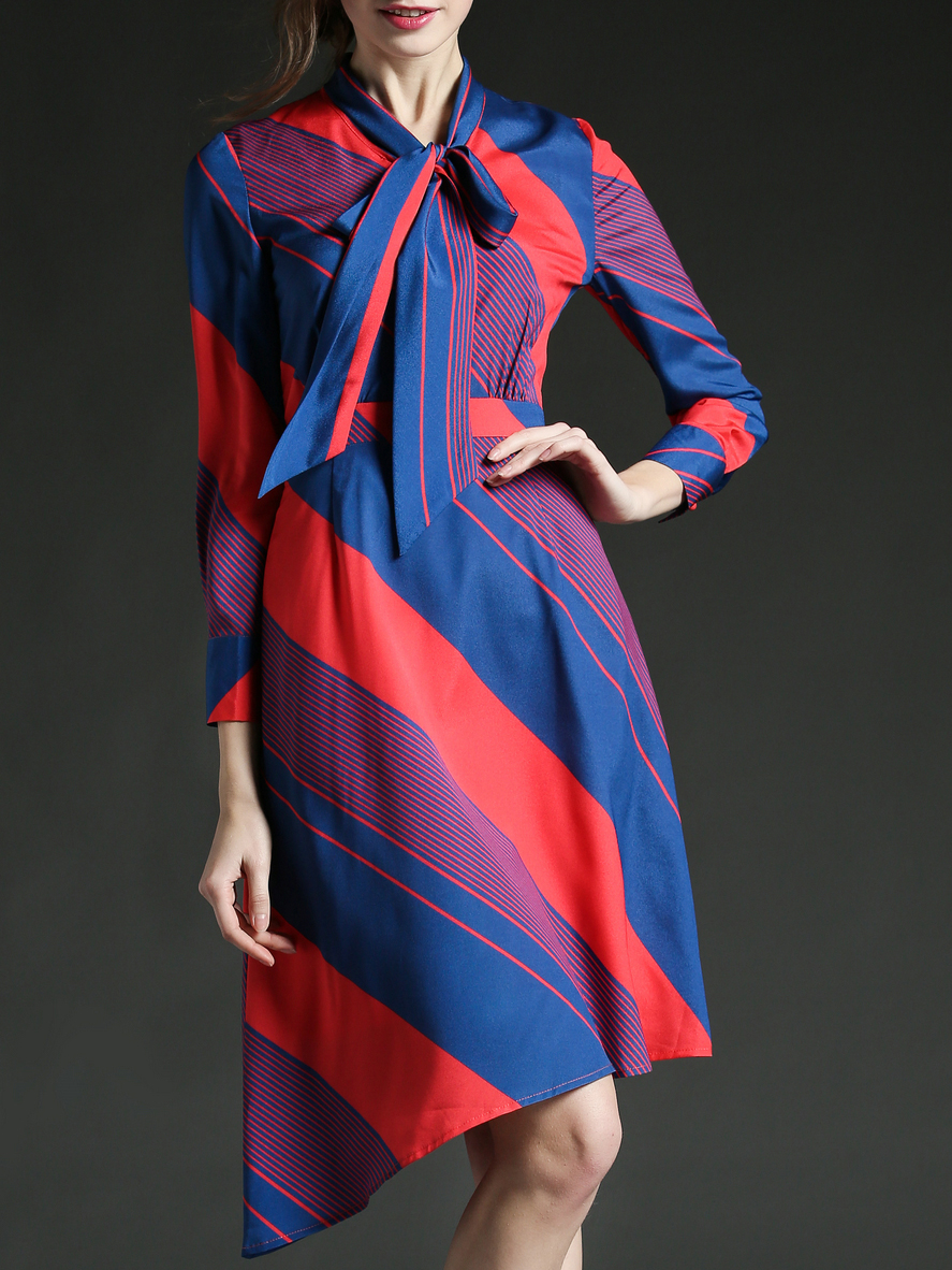 Red Blue Color Block Tie Neck Asymmetrical Dress