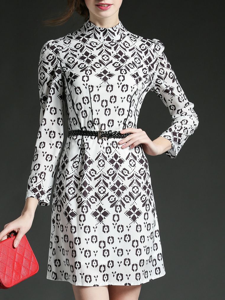 White Collar Print Belted A-Line Dress