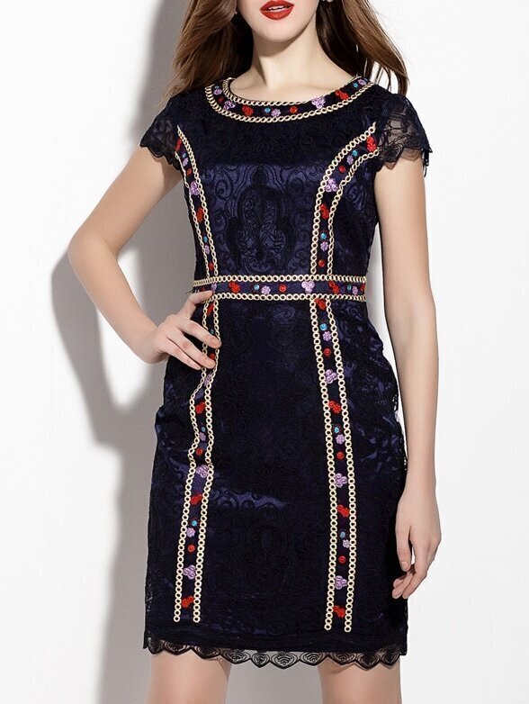 Purple Embroidered Disc Flowers Sheath Dress