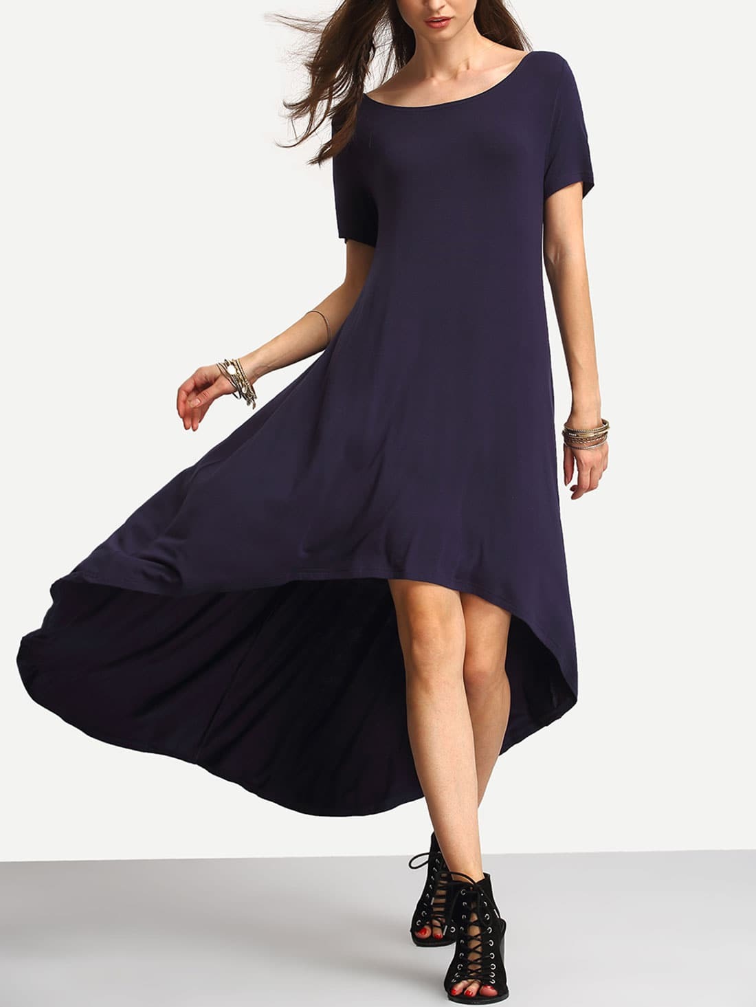 Deep Blue Dip Hem Casual Midi Dress