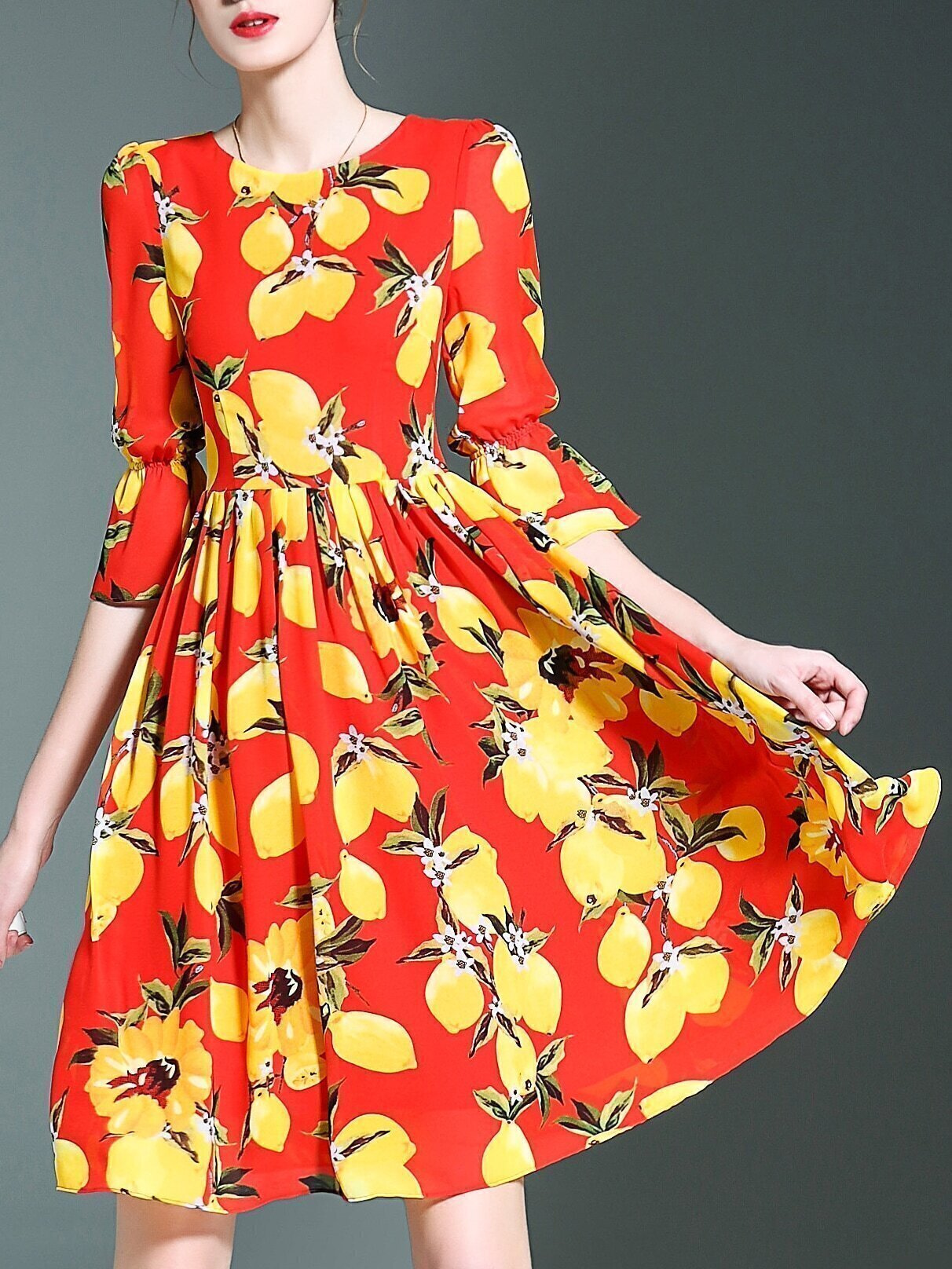 Red Bell Sleeve Lemons Print Dress