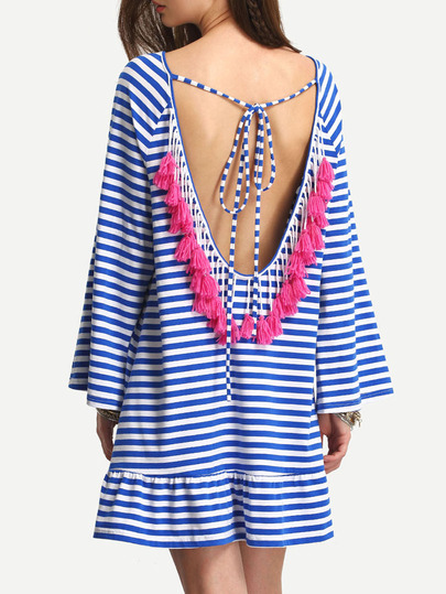 Blue White Striped Backless Tassel Shift Dress