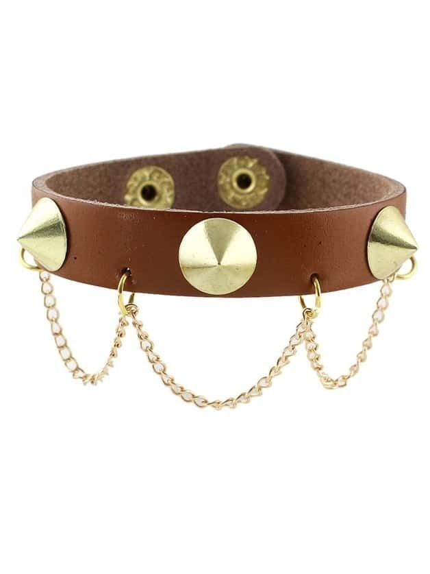 Brown Punk Spike Leather Wrap Bracelet