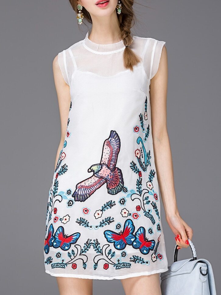 White Ruffle Embroidered Shift Dress