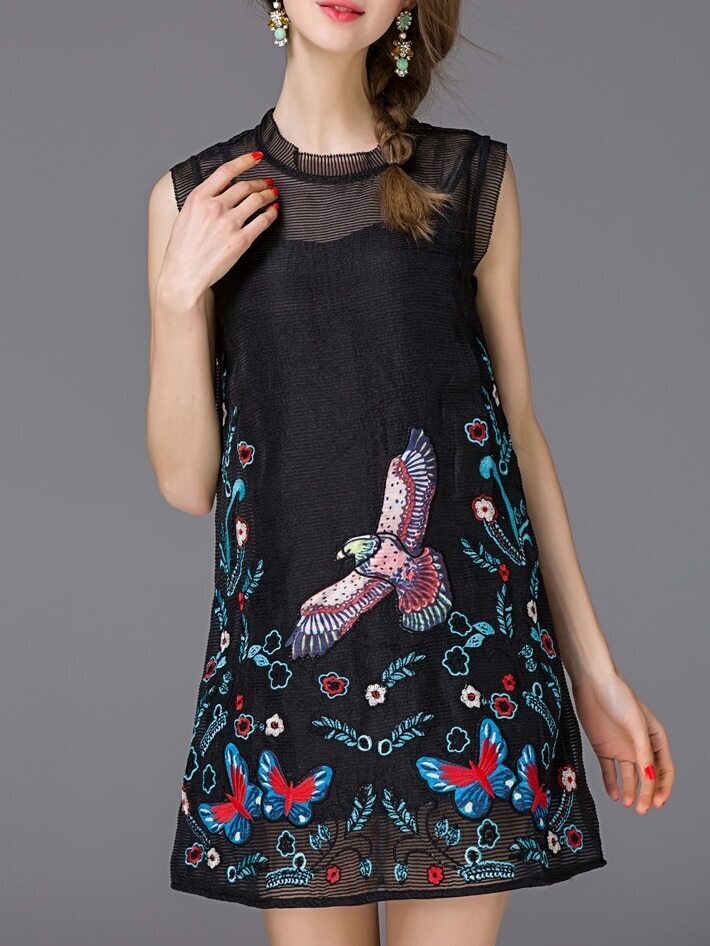 Black Ruffle Embroidered Shift Dress