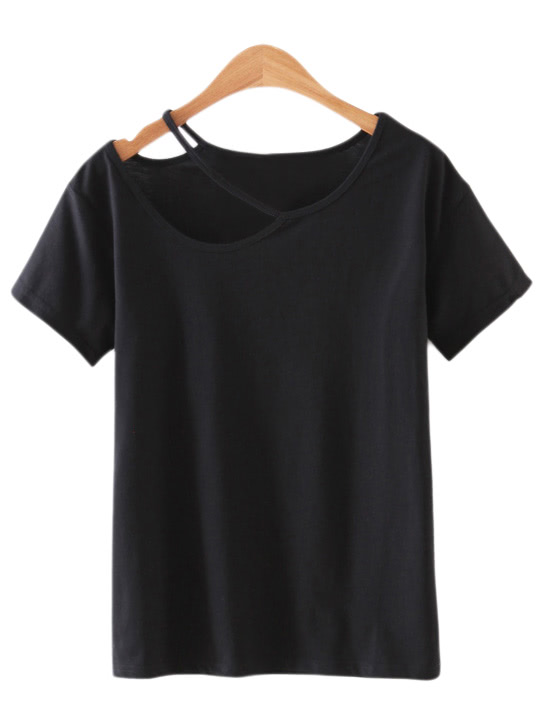 Black Cold Shoulder Cut Out Short Sleeve T-shirt