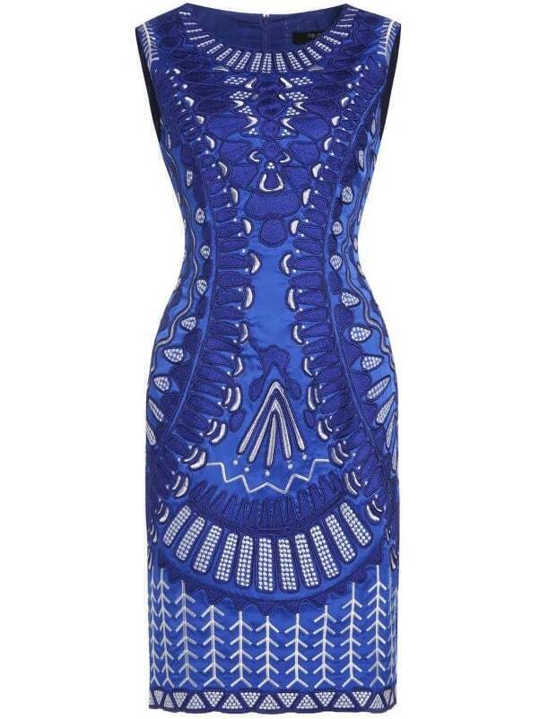 Blue Disc Flowers Embroidered Sheath Dress