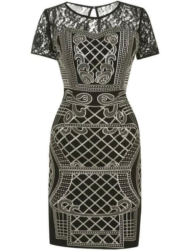 Black Embroidered Lace Sheath Dress