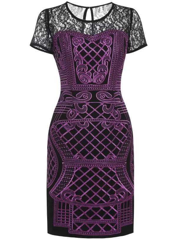 Purple Embroidered Lace Sheath Dress