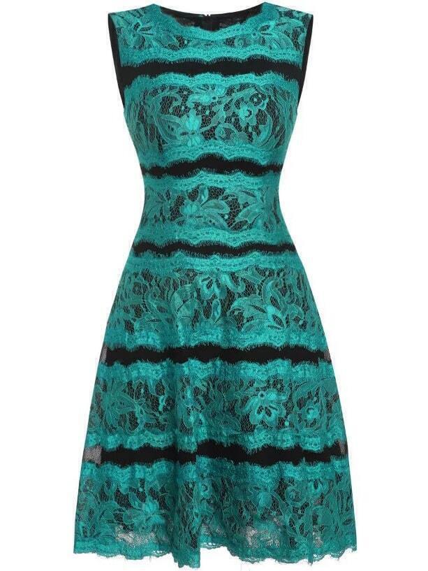 Green Contrast Lace A-Line Dress