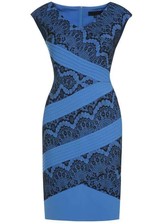 Blue V Neck Contrast Lace Sheath Dress