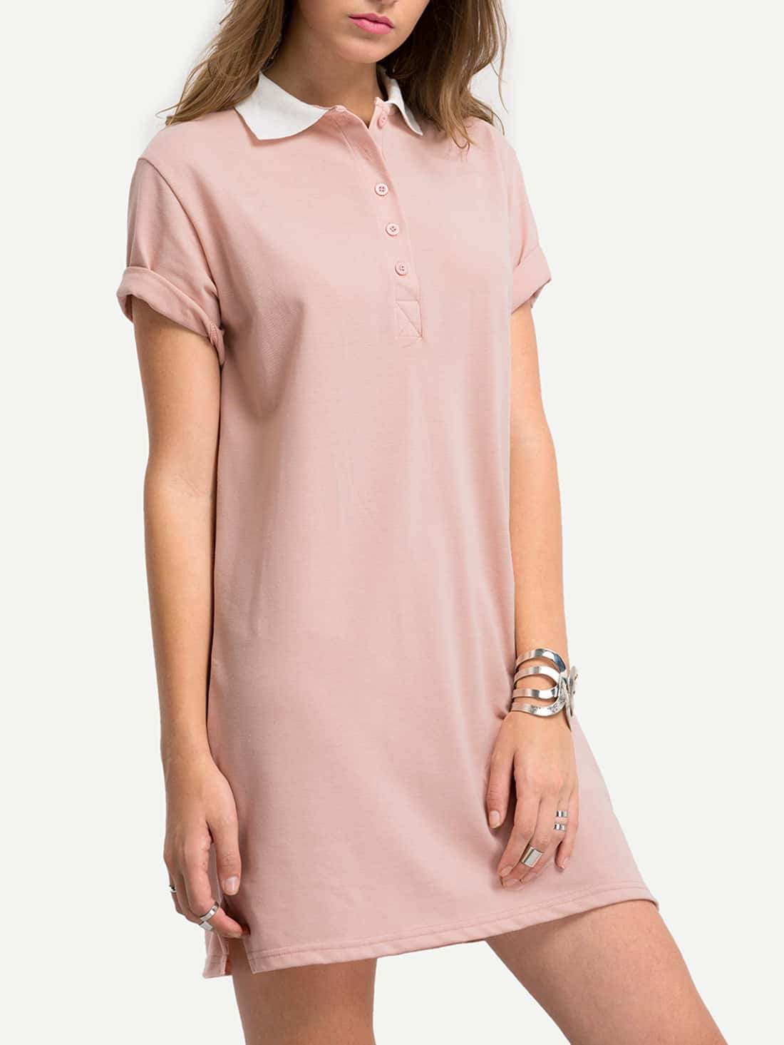 Pink Split Shirt Dress With Buttons