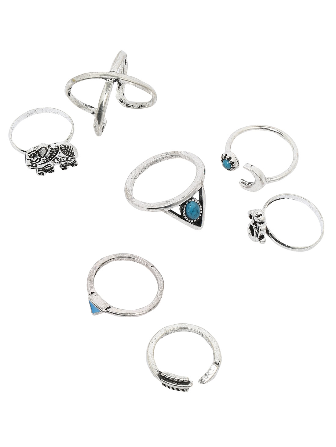 Silver Triangle Turquoise And Elephant 7pcs Rings