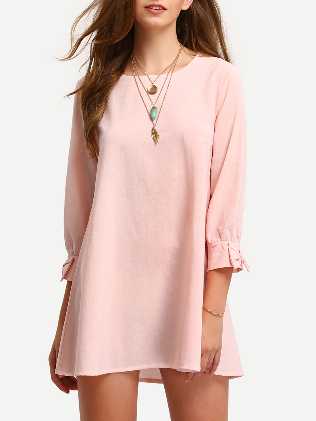 Pink Crew Neck Bow cuff Casual Dress