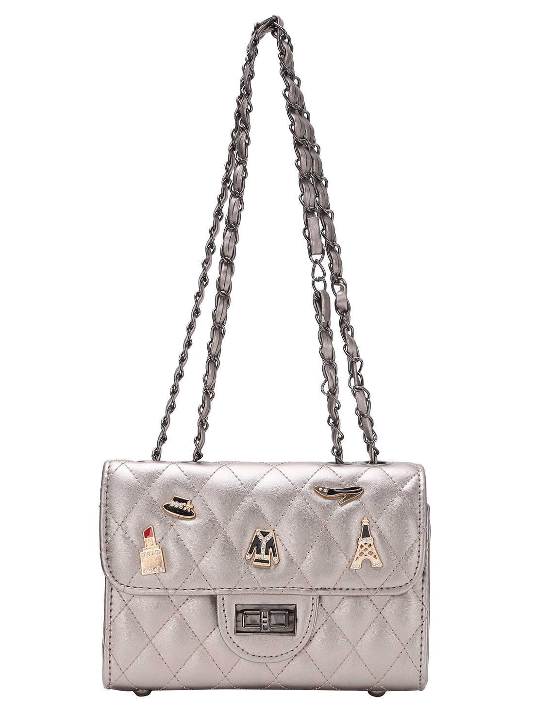 Quilted Metal Charms Chain Flap Bag - Gold