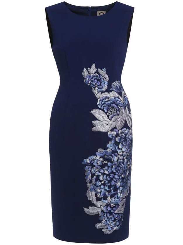 Navy Crew Neck Embroidered Sheath Dress